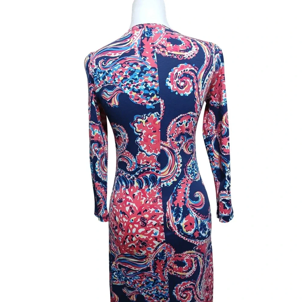 Lilly Pulitzer Pima Cotton Maxi Dress Pink Navy Paisley V-Neck XS 3/4 Sleeve
